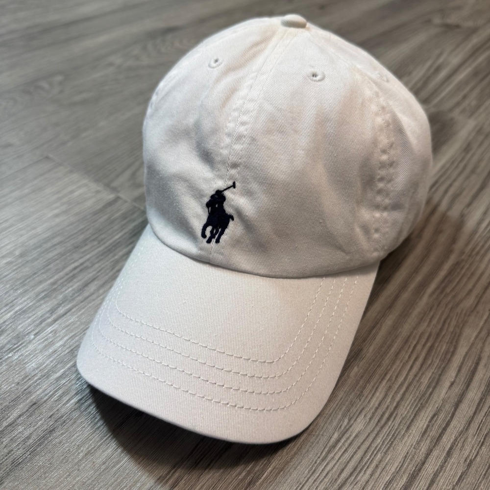 Vintage Y2K Polo Ralph Lauren White Cotton Chino Baseball Cap Navy Pony Logo Hat